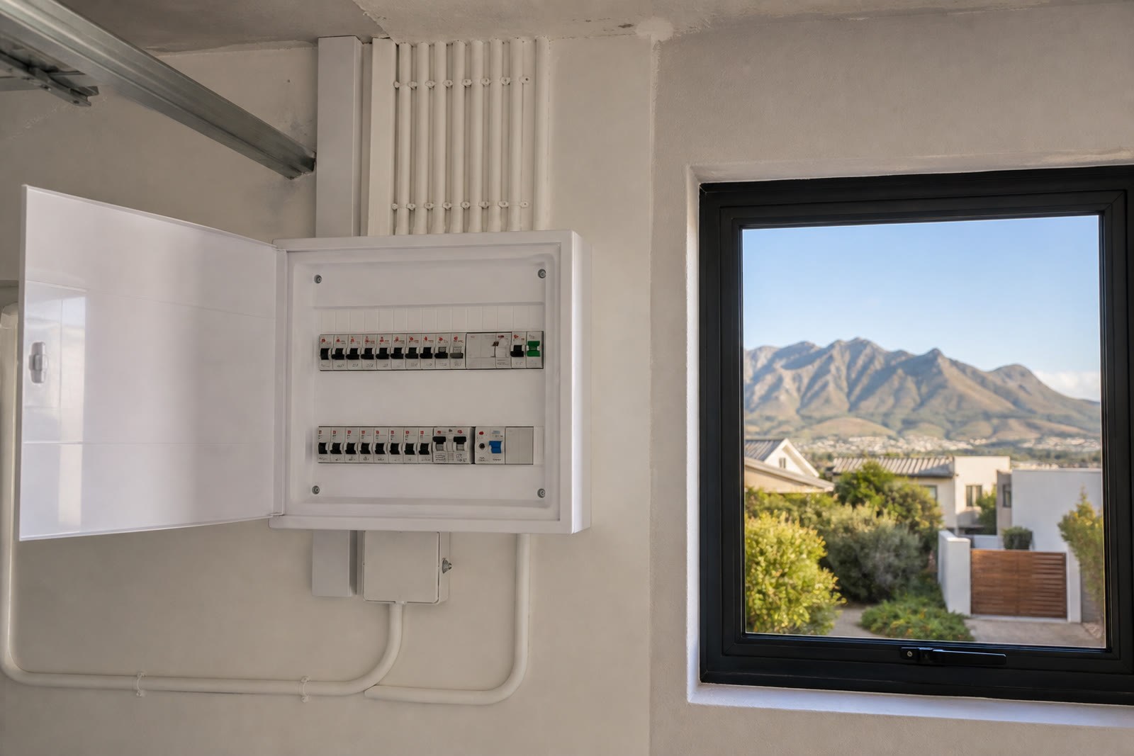 Open distribution board in a Somerset West garage, with PVC conduit, labelled breakers, and the Helderberg visible through the window.