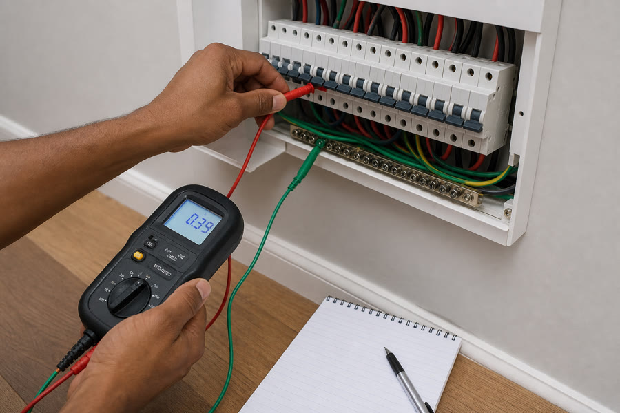 Installation tester on an open distribution board during COC testing, notepad on the floor, no printed certificate.